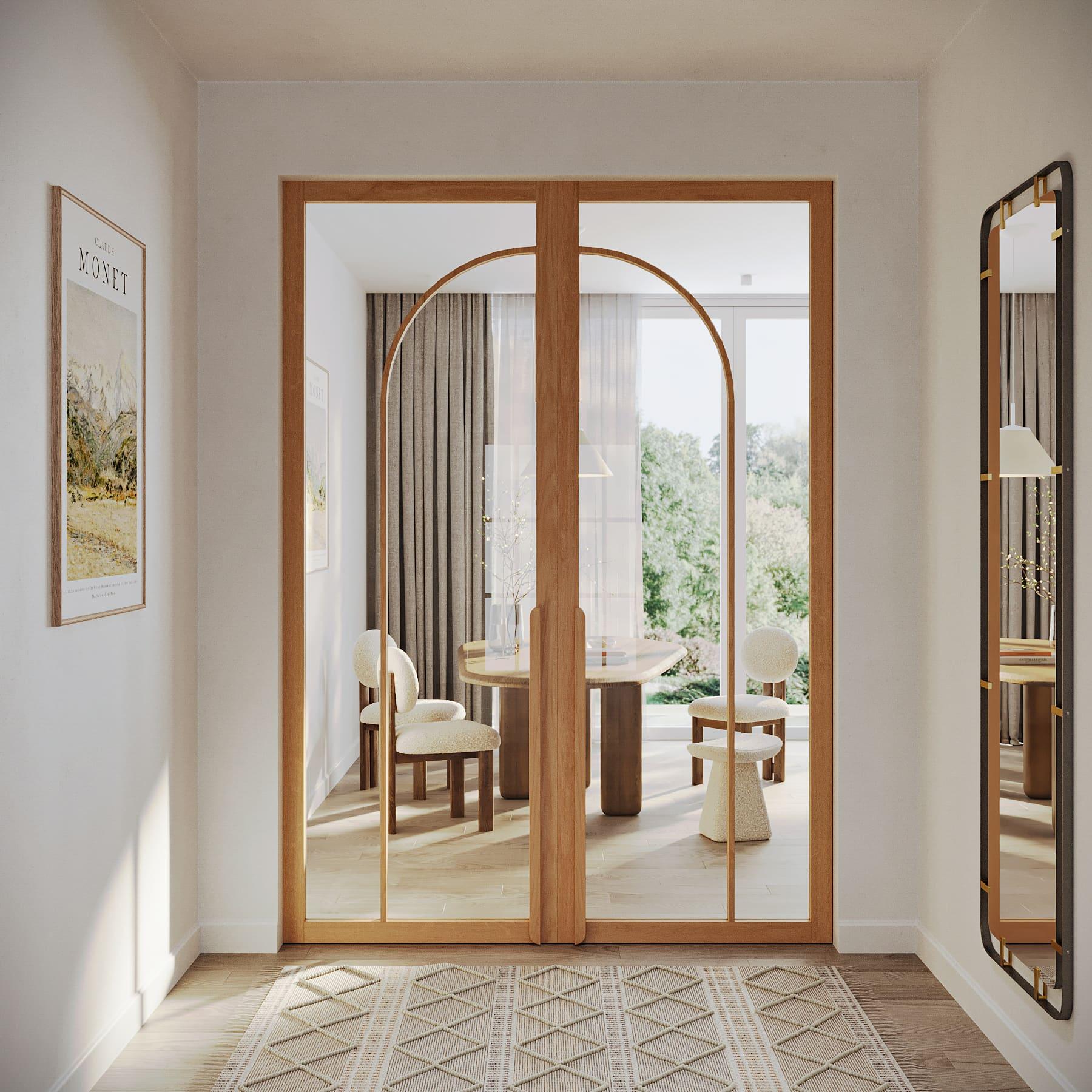 Puerta doble de madera con cristal de seguridad transparente